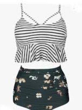 Cocoship Striped Peplum Bikini Top with Floral High-Waist Bottom-XL